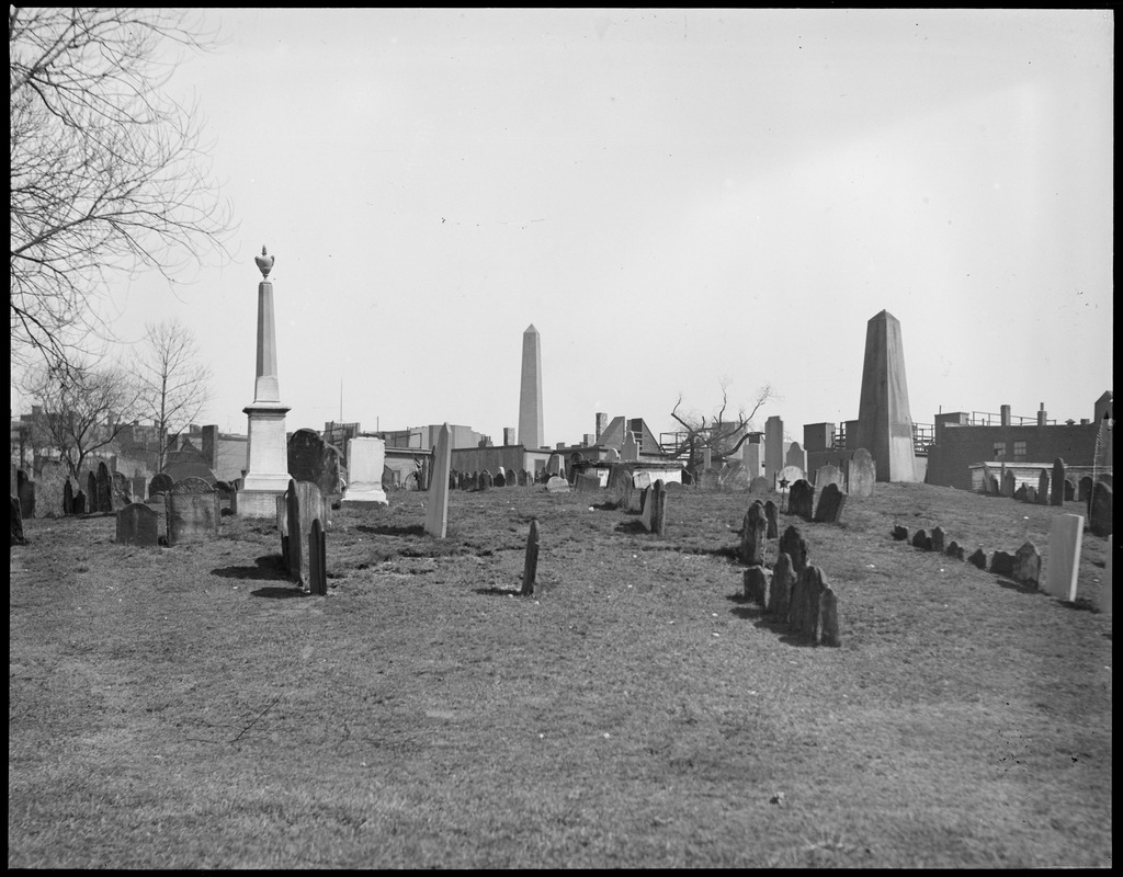 Obelisk over John Harvard's grave on right - Bunker Hill monument to left