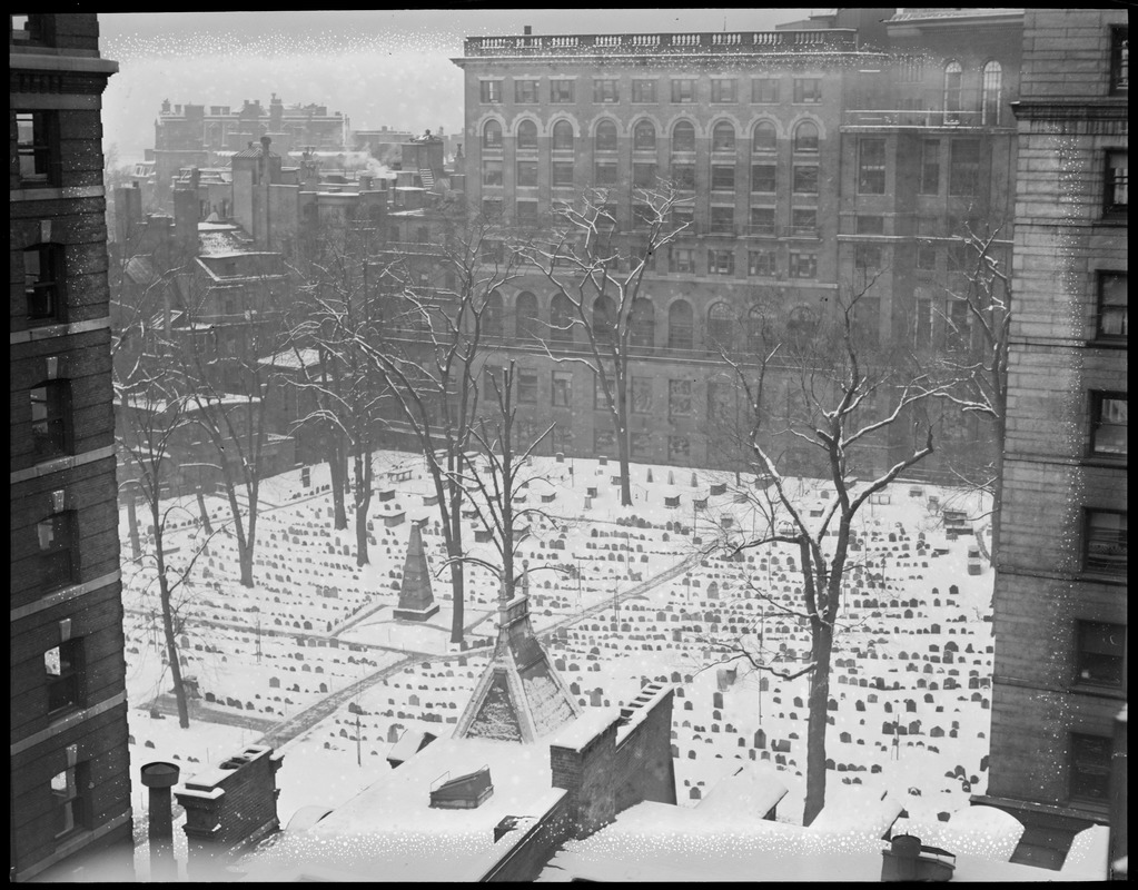 Bird's eye of Old Granary Burial Grounds, in the snow