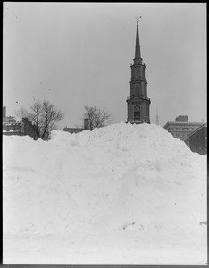 State House after snowstorm - Tremont St. and Park St. Church