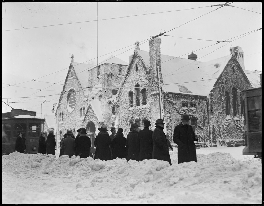 Pilgrims Church, Uphams Corner, covered with snow, Dorchester