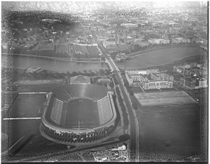 Aerial view of Harvard Stadium and Business School