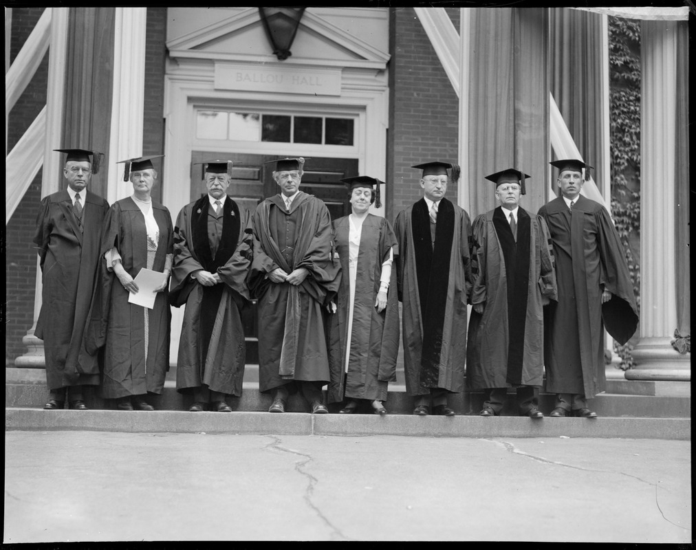 Dignitaries in front of Ballou Hall at Harvard