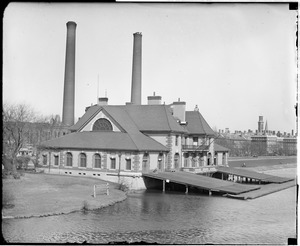 Weld Boathouse, Harvard, showing old power station stacks coming down