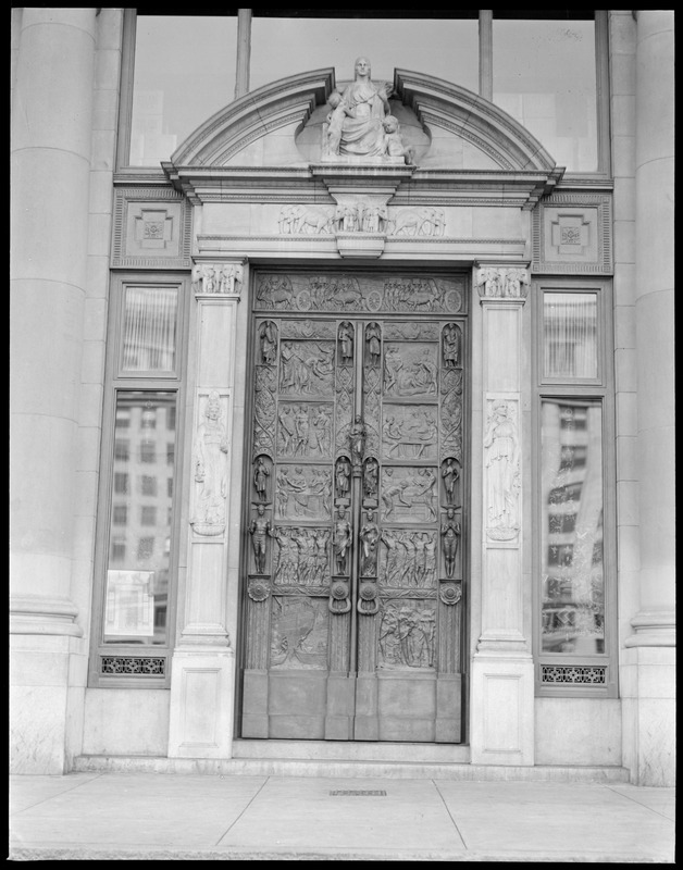 Ornate door to the Salada Tea Building on Stuart St.