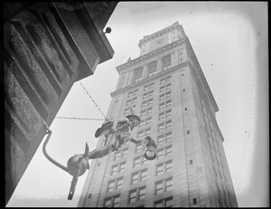 Boston, Custom House from McKinley Square (State House?). Nautical Instrument company Chas C. Hutchinson Co. hangs famous old 'ad' (Mercury).