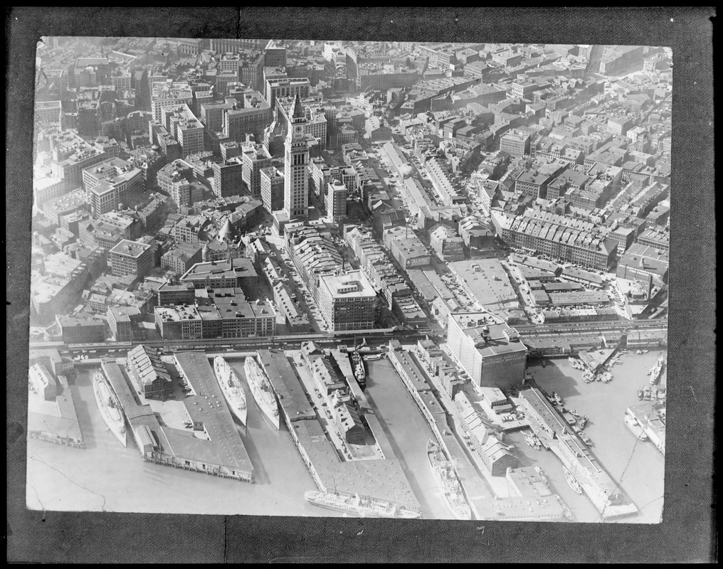 Aerial view of Boston waterfront, Custom House Tower and Faneuil Hall Market