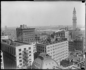 View from new Parker House toward Ames Building (left)--Custom House Tower (right) top of City Hall foreground