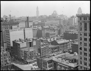 View from Hotel Bradford toward Custom House showing corner of Stuart Street and Tremont Street