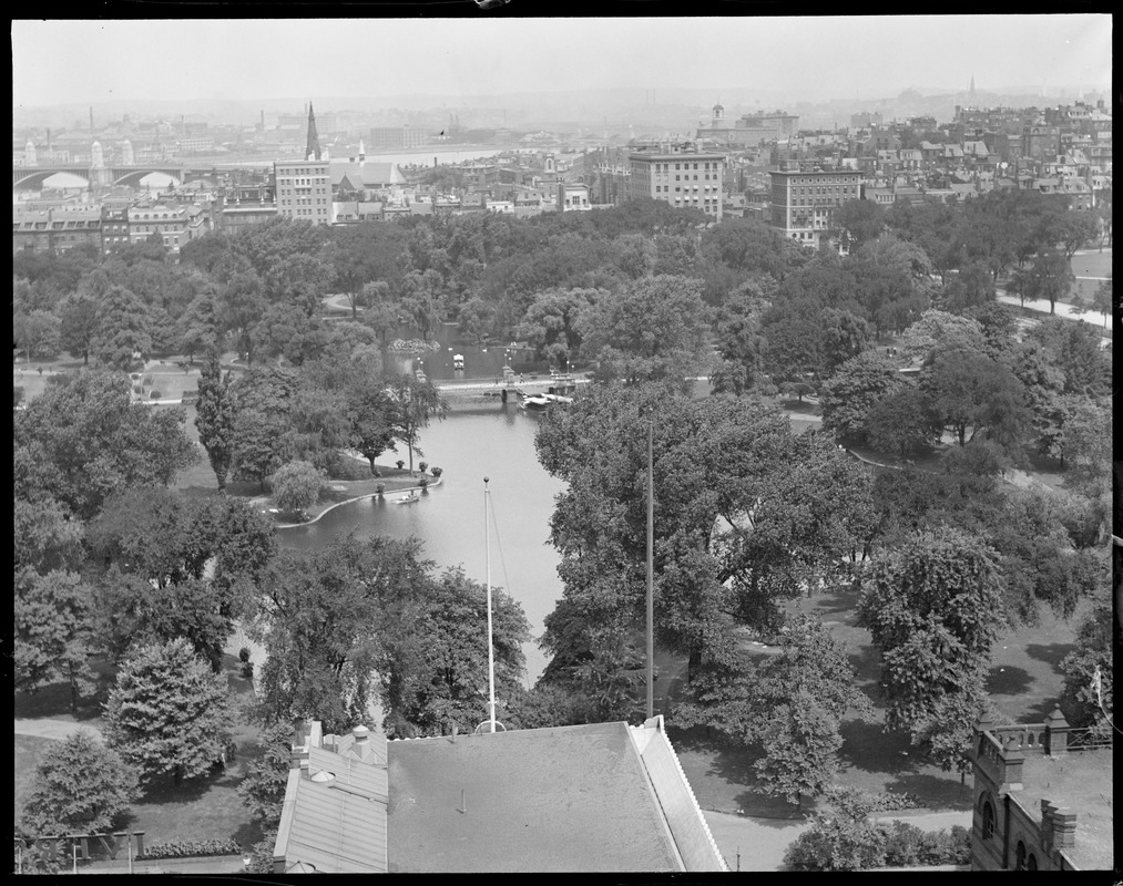 Bird's eye view toward State House from Statler Hotel, Public Garden