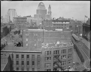 Bird's eye view toward Custom House and United Shoe Machinery from building on Atlantic Ave. near South Station