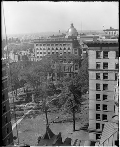 State House dome from new Parker House showing old burying grounds in the foreground