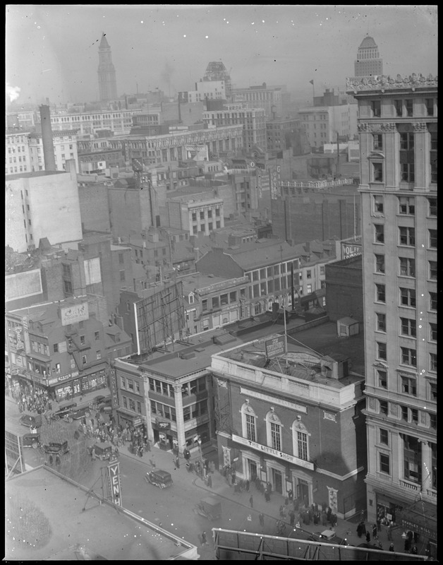 Bird's eye view from Elks Hotel toward Custom House Tower showing Tremont Street and Stuart Street in Theatre District