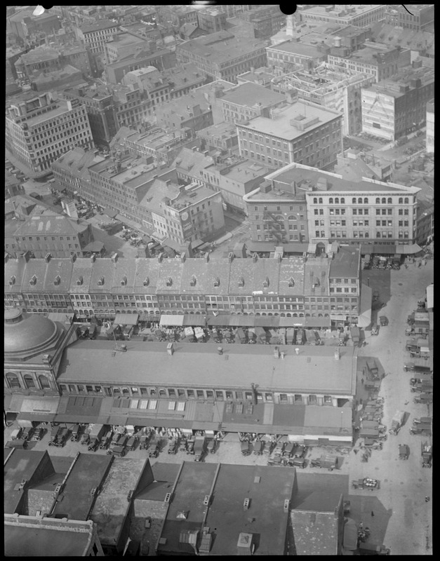 Boston, bird's eye view of Market District from Custom House, Quincy Market looking north, North End