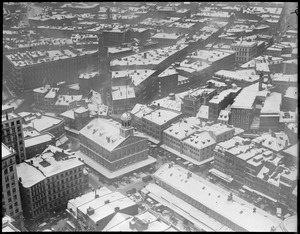 Bird's eye view of Faneuil Hall in winter, from Custom House Tower