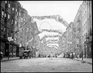Hanover Street decorated by Italians when celebrating Saints Day in the North End
