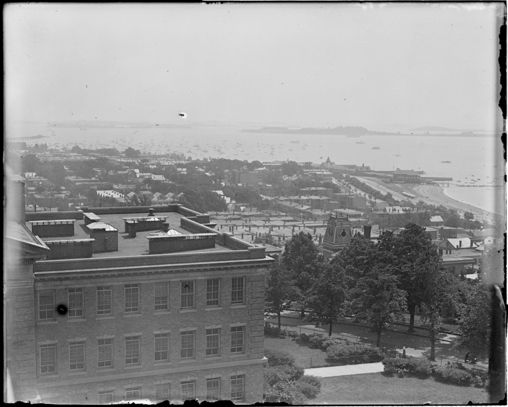 Bird's eye view of South Boston Yacht Club and City Point from the top of Dorchester Heights