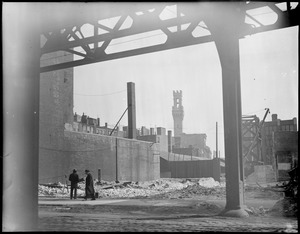 Demolition site near Washington Street, elevated showing Bristol St. Fire H.Q.