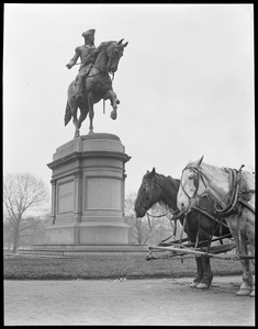 Public Garden "George Washington's horse looks down upon the working class in Public Gardens" ["when horses were used in Park Dept. work"]