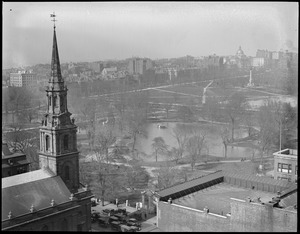 Bird's eye view, State House from Arlington St. & Boylston St. overlooking Public Garden
