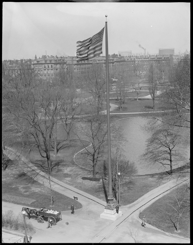 Bird's eye view Public Garden, new flag pole with Old Glory in the breeze