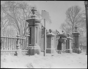 Entrance to Public Garden covered with snow, Charles St. side