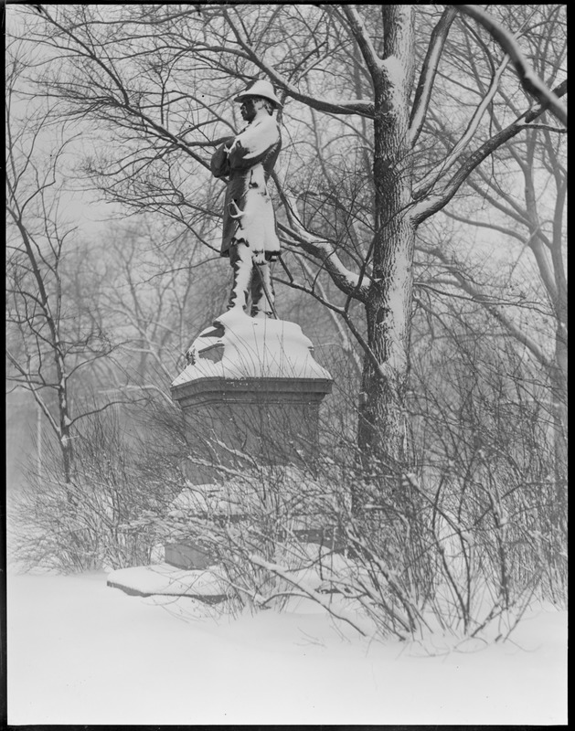 Public Garden Thomas Cass statue covered with snow
