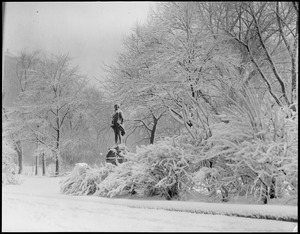 Public Garden Thaddeus Kościuszko statue covered with snow