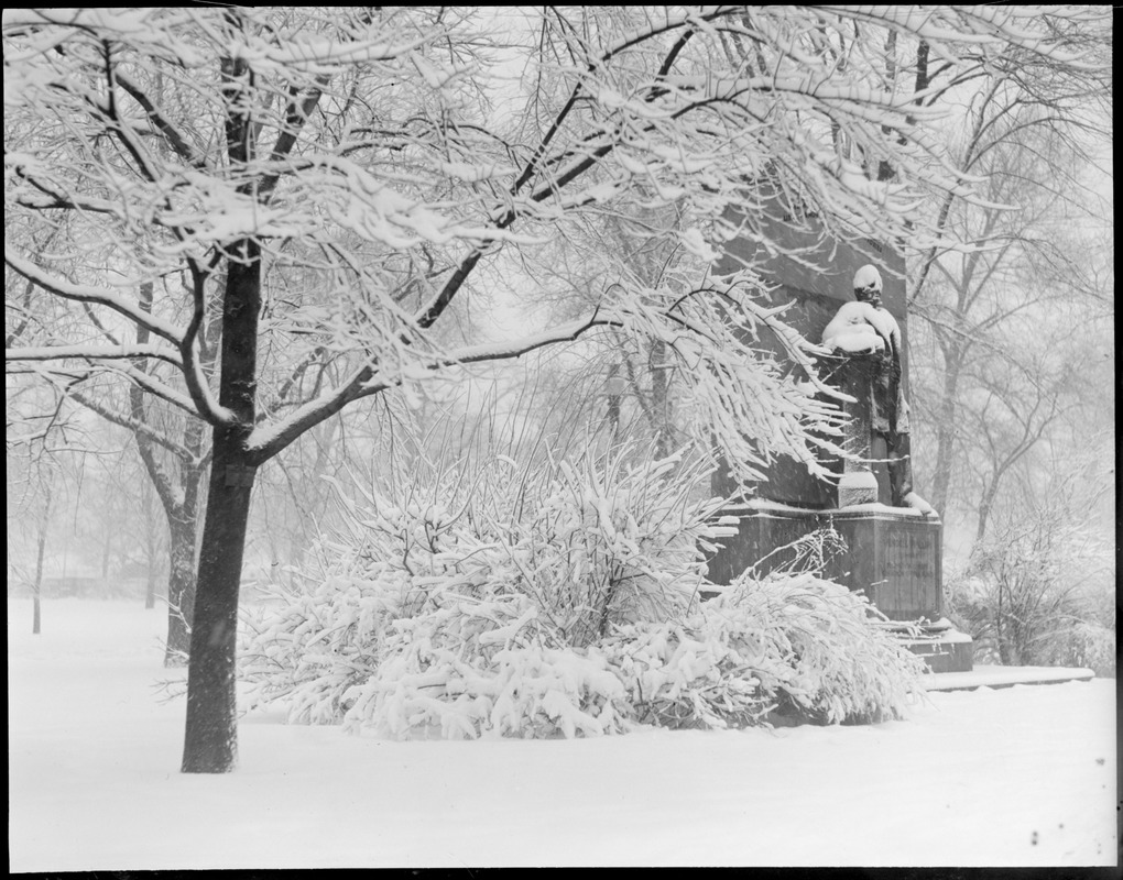 Public Garden Wendell Phillips statue covered with snow