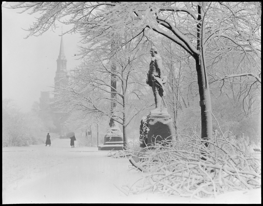 Public Garden Thaddeus Kościuszko statue covered with snow