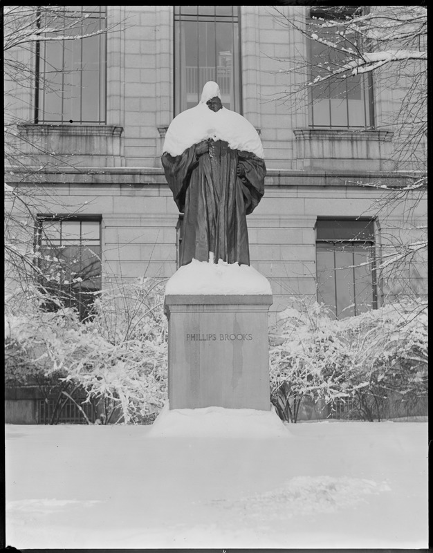 Phillips Brooks statue covered in snow, M.F.A.