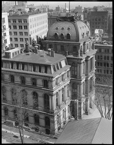 Looking down upon City Hall from Houghton and Drittons building on Tremont, Beacon Streets