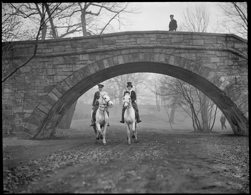 Man and woman on horseback, Muddy River, The Fenway