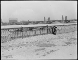 Ice-covered railings, Esplanade, showing Longfellow Bridge