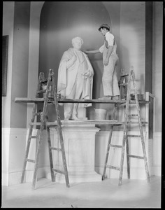 State House statue - John A. Andrew statue being cleaned up in State House by Robert J. Guthrie. Andrew was Gov. of Mass. way back in 1870.