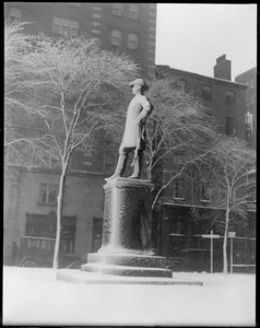 Charles Devens statue, State House grounds, covered in snow
