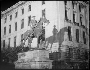 General Hooker statue at night in front of State House, Boston