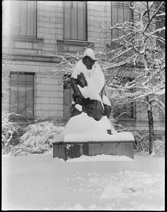 Hawthorne statue, M.F.A., covered in snow