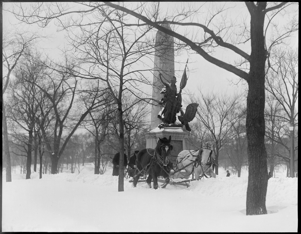 Storm Tremont St. Mall, at soldiers/sailors monument, man - horses - snow removal (Boston Common)