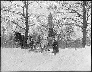 Storm Tremont St. Mall, man & horses, snow removal (Boston Common)