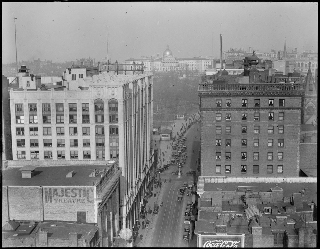 Bird's eye view up Tremont Street from Theatre District showing Little Building and Hotel Touraine
