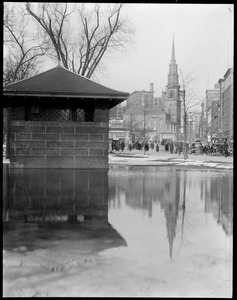 Park Street Church reflected in Tremont Street Mall