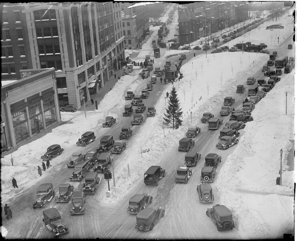 Kenmore Square before elevated station, in the snow