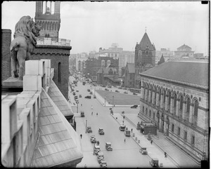 View toward Copley Square from Hotel Kensington lion