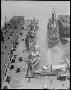 T-wharf from cold storage showing Provincetown steamer Dorothy Bradford on right - Newcastle left foreground, King Phillip middle in back?