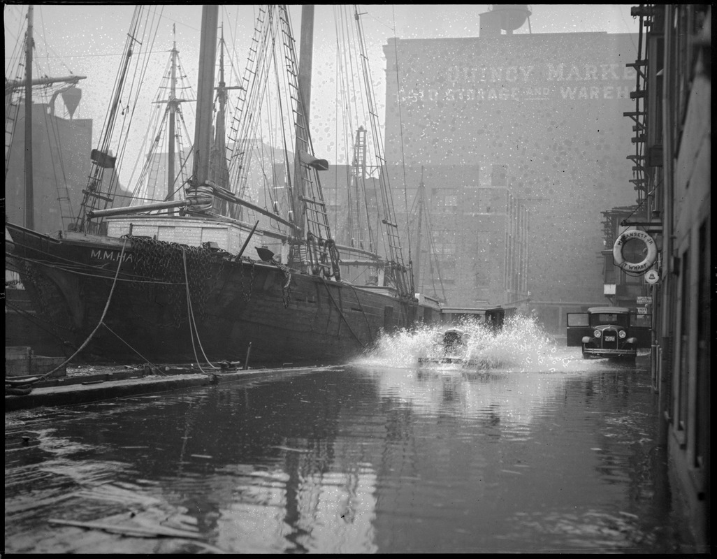 Flooded T-wharf - M.M. Hamilton, big 2-mast ship