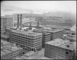 Bird's eye view of Fort Point Channel from United Shoe Machinery toward South Boston Army Base