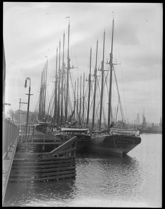 4-masted schooner at Meriden Street drawbridge, East Boston - Mary O'Maynard, et al.