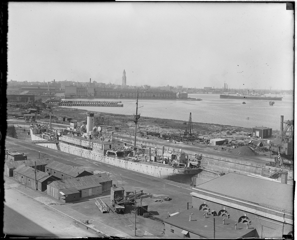 Boston's waterfront from Army Base. SS Celtic in distance - SS Bridgeport in foreground.