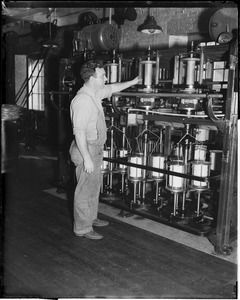 Charlestown Navy Yard/rope making. Tom Hickey operating cotton twister and layer machine.