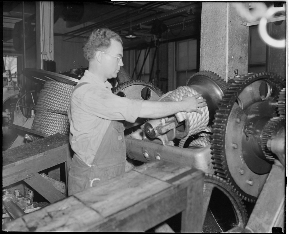 Charlestown Navy Yard/rope making. John Tyrell - 1st class rope maker at the layer machine.